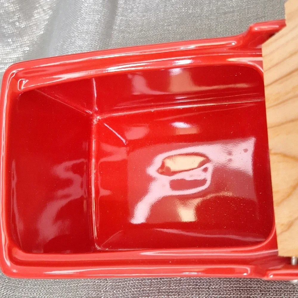 Zero Japan Red Ceramic Salt Box Cellar Wood Hinoki Lid Handle Kitchen Canister